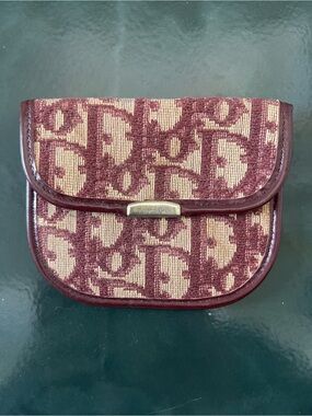 Vintage Dior Monogram Canvas & Leather Coin Purse in Burgundy and Beige